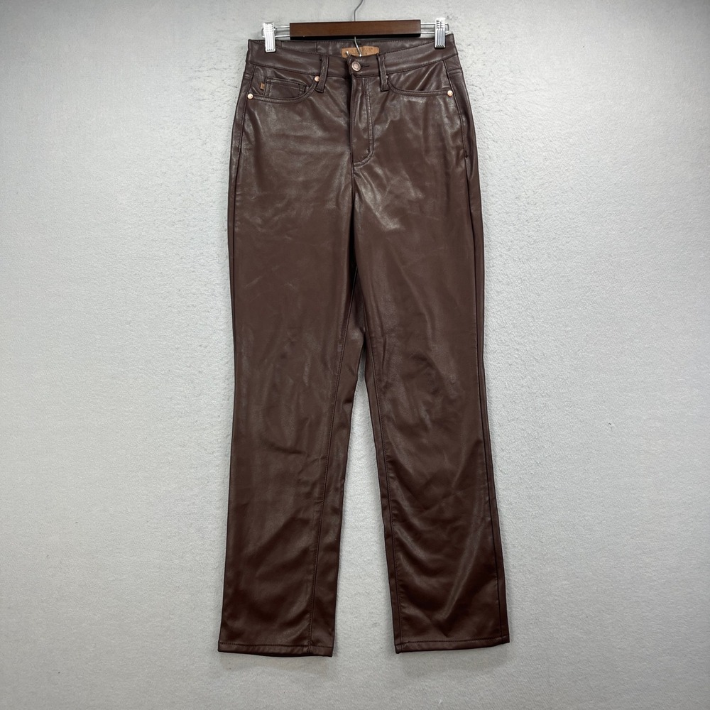 Judy Blue Faux Leather Pants Womens 3/26 Brown Straight Leg High Rise Moto Chic